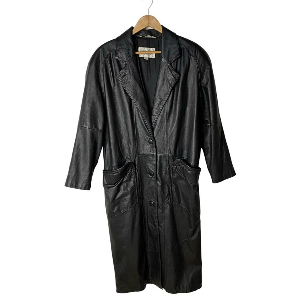 Vintage Brandon Thomas Womens M Black Leather Trench Coat Long Jacket 90s